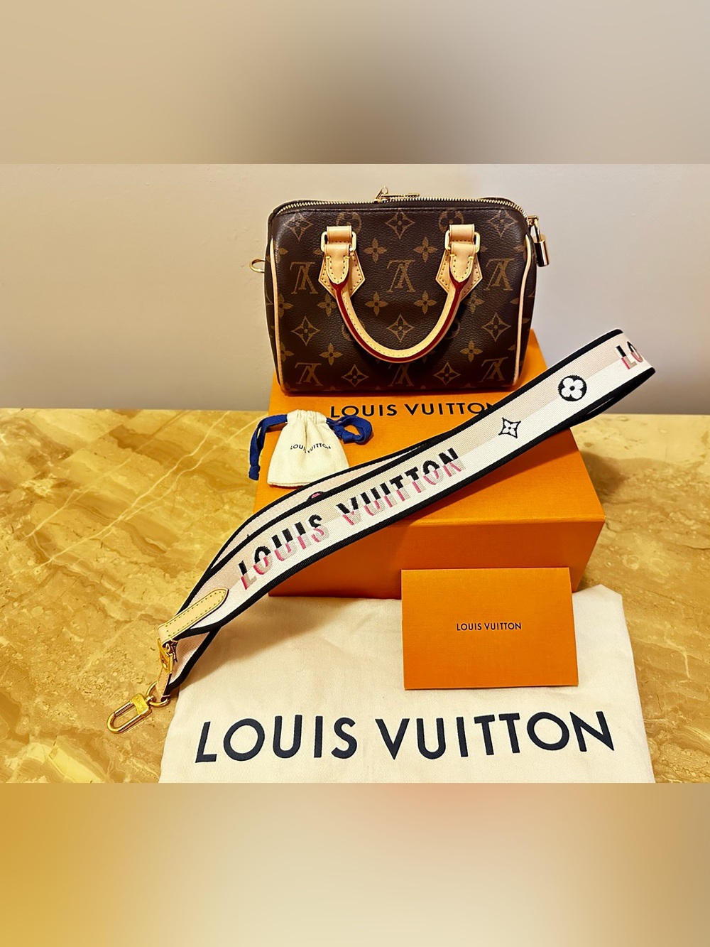 Louis Vuitton Brown Monogram Mini Handbag with White Branded Strap